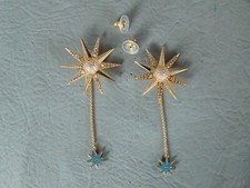 SWAROVSKI BOUCLE D'OREILLE PENDENTIF CLOU ETOILE PLAQUE OR CRISTAUX BLANC BLEU