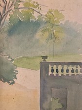 Très belle Peinture Aquarelle 1920 Art Déco  Ancien Arbre Park Vase Médicis