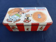 Ancienne boîte tôle lithographié CHAMONIX-ORANGE L'ALSACIENNE-BISCUITS Astérix