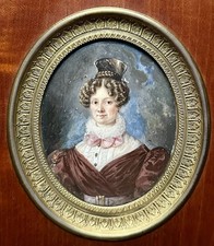 Tableau Ancien Miniature Portrait de Jeune Femme Coiffe Paysage Peinture 19ème