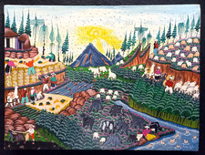 Superbe tableau naïf équatorien - signé - 40x29,5cm - huile sur peau