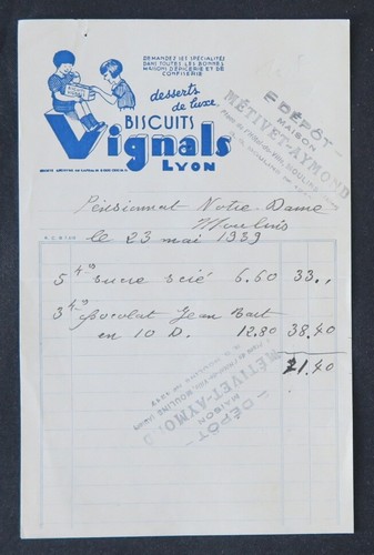 Facture lyon 1939 biscuits - lyon,