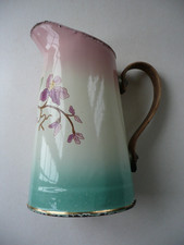 Ancien PICHET BROC Tôle Emaillée ART NOUVEAU Décor Fleurs ORCHIDEES, anse bois