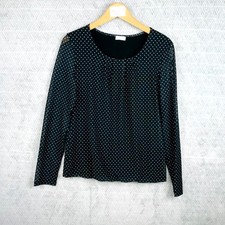 Gerry Weber Top Femme 38 Noir Blanc Pois Manches Longues Col Rond Plissé Enfiler