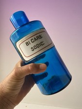FLACON ANCIEN,PHARMACIE,VERRE BLEU, ETIQUETTE PORCELAINE, Bi Carb: sodic: