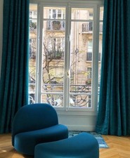 Fauteuil Élysée et son ottoman bleu canard Pierre Paulin