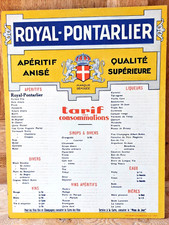 Affiche Carton Publicitaire ROYAL PONTARLIER ANIS - Tarif des consommations -
