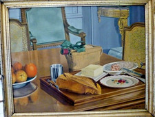 Grand tableau ancien huile toile intérieur table dressée repas salle à manger