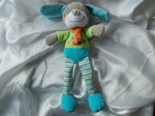 Doudou chien bleu vert gris - doudou, vert,