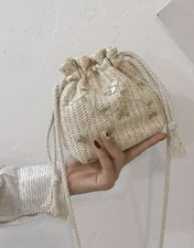 Sac À Main À Bandoulière Style Bourse Tressé En Paille Beige Broderie Neuf Femme