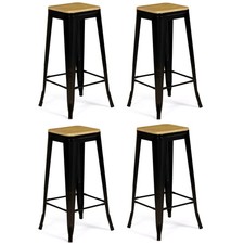 Lot de 4 tabourets de bar LENY métal noir mat assise bois empilable aspect brut 