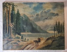 Tableau par "Lothammer" 1908. Huile 50cm x 64,5cm.  "Calèche"