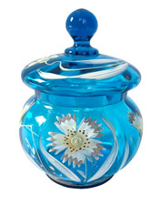 Pot bonbonnière Art Nouveau XIXem en verre émaillé bleu, sucrier H: 13.5cm