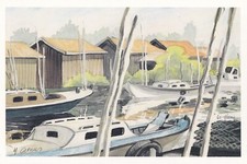 Carte postale 10x15cm postcard ARCACHON cabanes ostréicoles aquarelle Y. Carnus