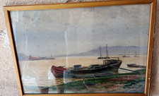 aquarelle  Ancienne Paysage,bateau, gabarre au mouillage