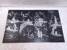 MZNmq2 - 4 X Tableau Mur Chine Laque Nacre Incrustations - Vintage - Fait Main