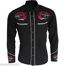 Relco Chemise Rockabilly Biker Western Cowboy Crâne Flamme Brodée Noir Rouge