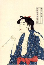 Véritable Estampe Japonaise De Utamaro "Femme exhalant la fumée d'une pipe"