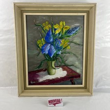 ➜TABLEAU PEINTURE HUILE NATURE MORTE signé bouquet de fleurs iris & jonquilles
