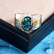 Naturel Topaze Bleu Londres & Gemme Péridot 925 Argent Sterling Homme Bague 5794