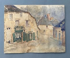 Aquarelle ancienne signée, Village, Signature à identifier, Début XXe