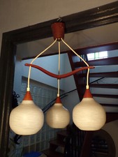LUSTRE SCANDINAVE-3 FEUX-TECK-VERRE-DESIGN 60 70-DLG KRISTIANSEN-suspension