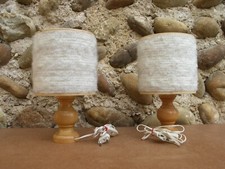 Paire de lampes à poser en bois abat jour laine vintage design 1970 salon chevet