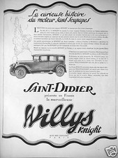 PUBLICITÉ 1927 SAINT DIDIER WILLYS KNIGHT MOTEUR SANS SOUPAPES  - ADVERTISING