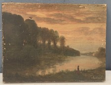 Tableau Ancien Huile Paysage Ciel Rose Barbizon proche COROT Signé CHINTREUIL