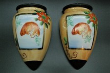 Paire 2 anciens Vases Bouquetière Porcelaine Décor Poisson Rouge peint main