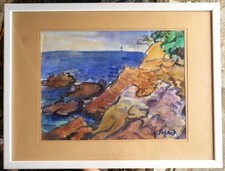 Tableau aquarelle de Gérard Fagard (1938-2021): rochers rouges de la Costa Brava