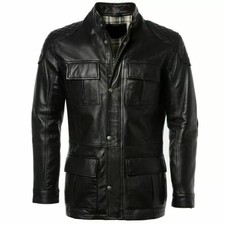 Blouson motard homme 100% cuir d'agneau véritable tenue rétro manteau noir...