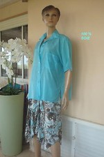 VESTE CHEMISIER BLOUSE 100 % SOIE TURQUOISE NEUVE T M/L 