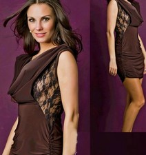 Sexy Miss Femmes Chute D'Eau Girly Robe Mini Dentelle Raff 34/36/38 Braun /