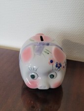 Vintage Très Jolie Tirelire Cochon Fleurs en Céramique avec Bouchon Monnaie 