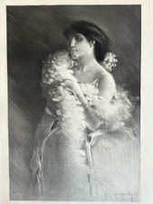Rodolphe Piguet gravure Manière Noire Boa En Plumes Femme Élégante Art Deco