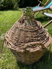 Authentique dame Jeanne verte en verre avec panière en osier en 2 parties rare