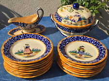 Grande soupière ancienne + 1 saucière + 15 assiettes plates faïence HB QUIMPER