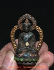 1.8" Old Tibet Buddhism Bronze Painting Shakyamuni Amitabha Buddha statue