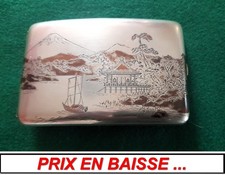 Étui à cigarettes décor Japon Fuji pagode gravé argent Sterling & cuivre, XIXè ?
