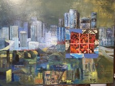 Tableau Ancien huile sur toile Et collage 40P 100x73 abstrait Signée Caillet