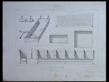 ECOLE, BANCS, GRADINS, LITS - 1860 - 2 GRAVURES SUR ACIER - MOBILIER CLASSE