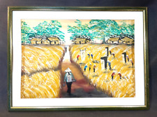 Ancien cadre photo bois doré avec peinture sur toile aquarelle asiatique signé