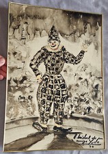 Tableau " Clown / Arlequin au cirque " Technique mixte sur panneau  vintage 1970