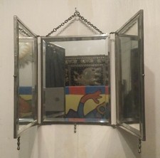 MIROIR TRIPTYQUE DE BARBIER DÉCOR FLORAL POLYCHROME PEINT MAIN NAPOLÉON 3