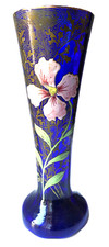 Vase Art Nouveau verre bleu de four émaillé fleur rose LEGRAS 1900