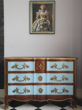 commode ancienne bois massif style Louis XV, painte en bleu et patinée