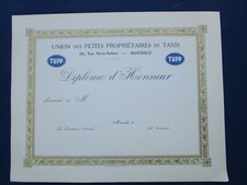 Ancien Diplôme d'Honneur vierge Union Petits Propriétaires de Taxis Marseille