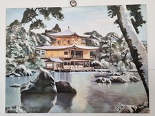 Très  beau tableau du temple d’or (kinkaku ji) sous la neige au Japon