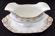 En Jean Pouyat Limoges Porcelaine Double Roses Butin POY407 Greavy Boat Soucoupe